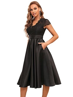 Women's A-line Lace See-Through V-Neck Pleated Wedding Party Cocktail Dress 40400