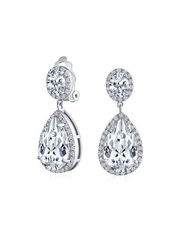 Bling Jewelry Large Teardrop Cubic Zirconia Pave CZ Halo Pageant Statement Dangle Clip On Earrings For Women Gold Silver Plated Brass