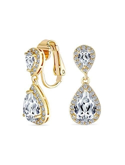 Bling Jewelry Vintage Style Bridal Cubic Zirconia Simulated Gemstone AAA CZ Halo Dangle Teardrop Chandelier Clip On Earrings For Women Silver Rose Gold Plated in Black Pu