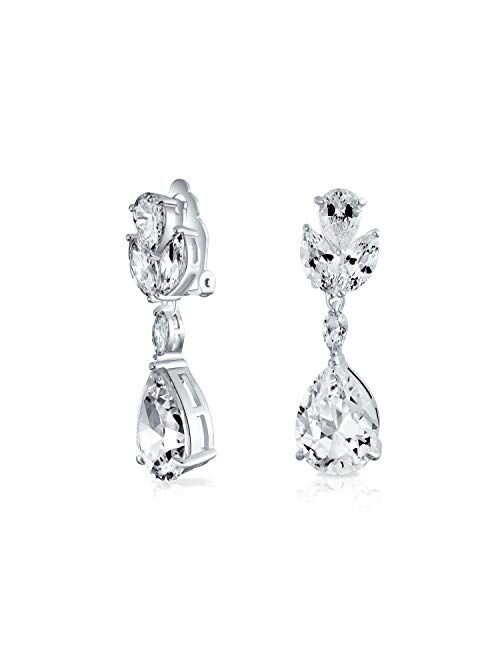 Bling Jewelry Bridal Cubic Zirconia AAA CZ Pear Shape Teardrop Drop Dangle Clip-On Earrings For Women For Prom Silver Plated Brass