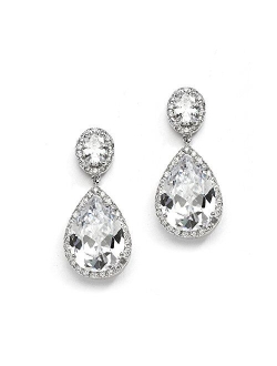 Mariell Pierced or Clip-On Bridal Earrings with Oval-Cut Framed Halos & Bold Pear-Shaped Teardrop Dangles