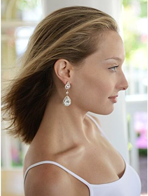 Mariell Gold Clip-On Earrings with Austrian Crystal Teardrop Dangles - Prom & Bridal Chandelier Clip Ons