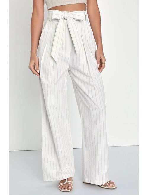 Lulus Essential Aura Ivory and Beige Striped Wide Leg Linen Pants