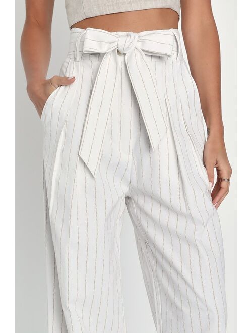 Lulus Essential Aura Ivory and Beige Striped Wide Leg Linen Pants