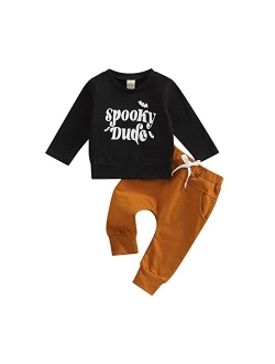 Adobabirl Baby Boy Halloween Outfit Letter/Skeleton Print Sweatshirt and Sweatpants Set Cute Fall Halloween Clothes