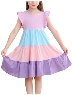 KISSOURBABY Girl's Summer Dresses Cotton Ruffled Sleeves Tiered Swing Sundress with Pockets