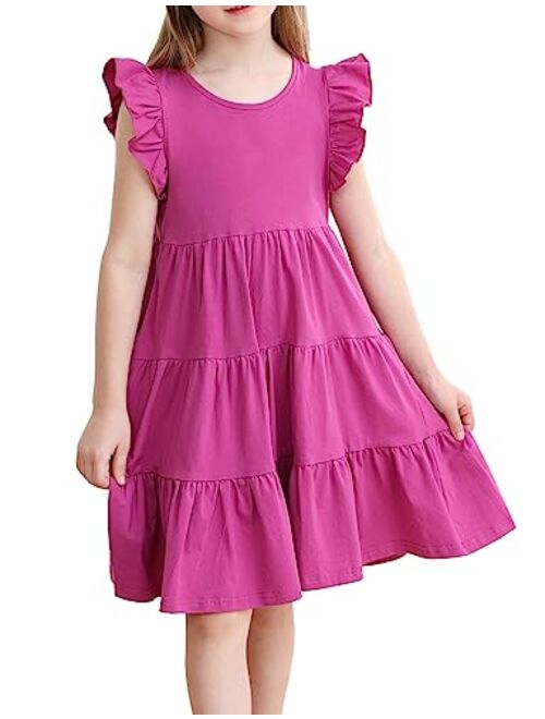 KISSOURBABY Girl's Summer Dresses Cotton Ruffled Sleeves Tiered Swing Sundress with Pockets