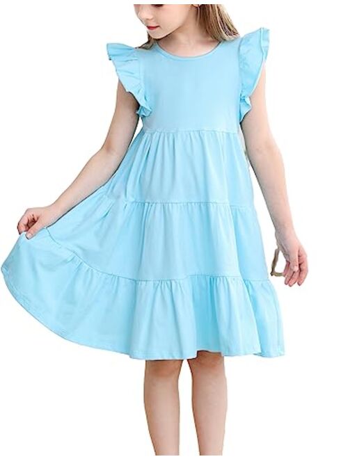 KISSOURBABY Girl's Summer Dresses Cotton Ruffled Sleeves Tiered Swing Sundress with Pockets