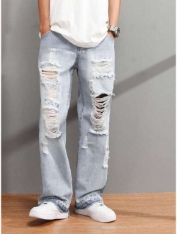 Manfinity EMRG Men Cotton Ripped Raw Cut Straight Leg Jeans