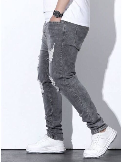 Manfinity LEGND Men Cotton Ripped Frayed Cat Scratch Skinny Jeans