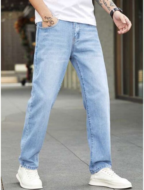 Manfinity Homme Men Cotton Bleach Wash Straight Leg Jeans