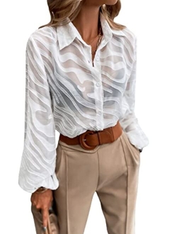 Women's Sheer Blouse Lantern Sleeve See Through Button Down Shirt Top