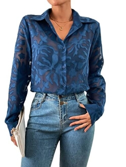 Women's Sheer Blouse Lantern Sleeve See Through Button Down Shirt Top