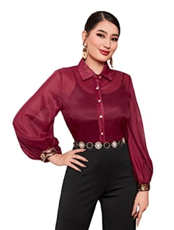 Women's Sheer Blouse Lantern Sleeve See Through Button Down Shirt Top