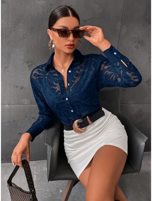 SHEIN BIZwear Button Front Sheer Shirt Without Bra Workwear