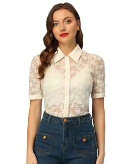 Floral Lace Shirt for Women's 2023 Short Sleeve Semi Sheer Button Down Blouse