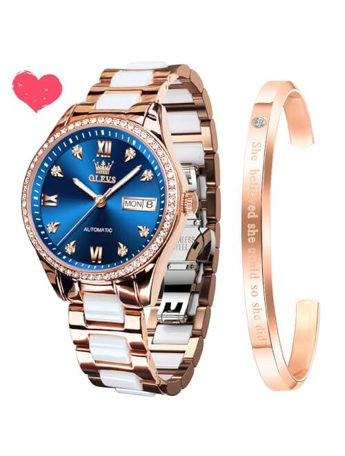 OLEVS Automatic Watches for Women Mechanical Diamond Love Heart Dial Rose Gold Ceramic Band Waterproof Luminous Date Ladies Watches