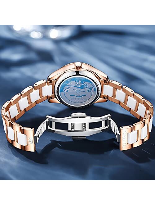 OLEVS Automatic Watches for Women Mechanical Diamond Love Heart Dial Rose Gold Ceramic Band Waterproof Luminous Date Ladies Watches