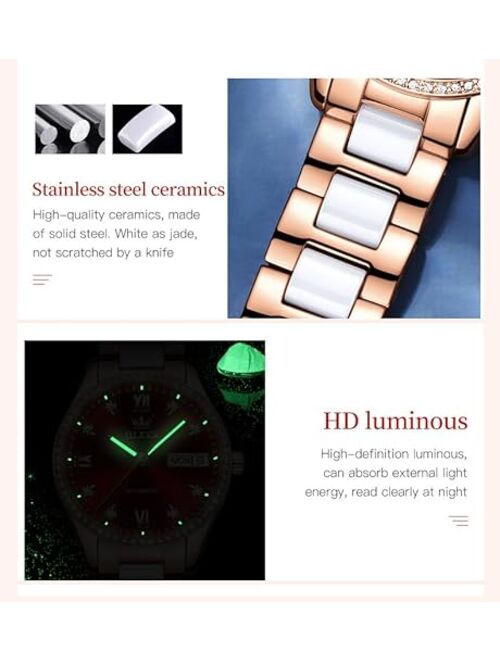 OLEVS Automatic Watches for Women Mechanical Diamond Love Heart Dial Rose Gold Ceramic Band Waterproof Luminous Date Ladies Watches