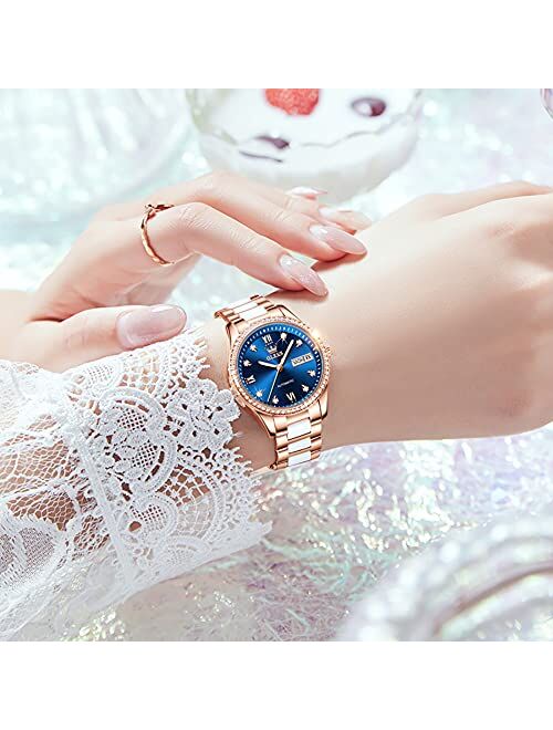 OLEVS Automatic Watches for Women Mechanical Diamond Love Heart Dial Rose Gold Ceramic Band Waterproof Luminous Date Ladies Watches