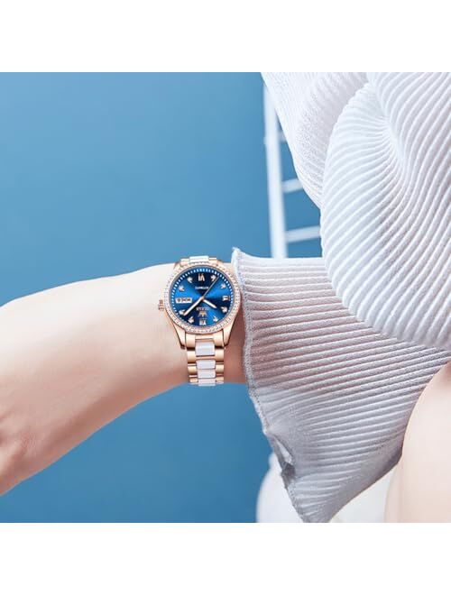 OLEVS Automatic Watches for Women Mechanical Diamond Love Heart Dial Rose Gold Ceramic Band Waterproof Luminous Date Ladies Watches