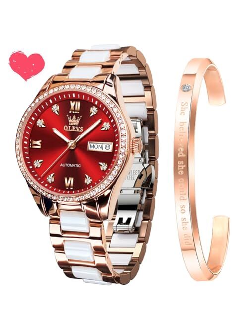 OLEVS Automatic Watches for Women Mechanical Diamond Love Heart Dial Rose Gold Ceramic Band Waterproof Luminous Date Ladies Watches