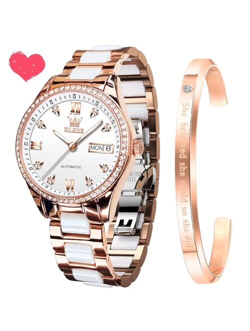 OLEVS Automatic Watches for Women Mechanical Diamond Love Heart Dial Rose Gold Ceramic Band Waterproof Luminous Date Ladies Watches