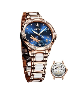 Women's Elegant Automatic Watch, Classy Large Face Self Winding Diamond Waterproof Watches, Two-Tone Stainless Steel Ceramic Band