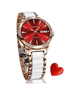 Women's Automatic Watches Self Winding Watch for Women Ceramics Stainless Steel Ladies Wrist Watches Mechanical Diamond Rose Gold No Battery Dress Female Watch Wate