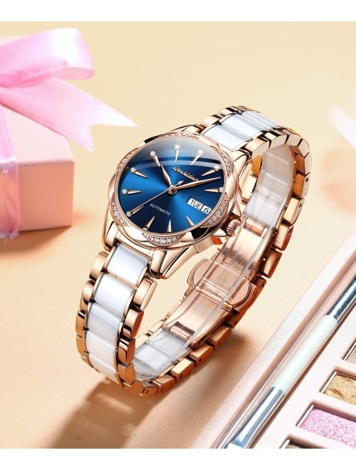 OLEVS Women's Automatic Watches Self Winding Watch for Women Ceramics Stainless Steel Ladies Wrist Watches Mechanical Diamond Rose Gold No Battery Dress Female Watch Wate