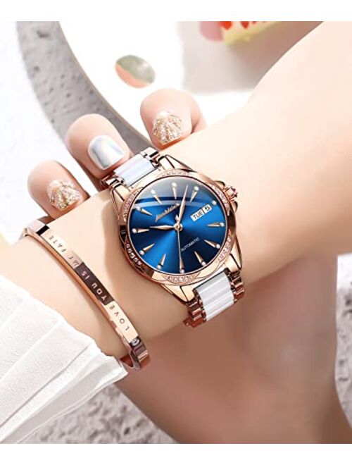 OLEVS Women's Automatic Watches Self Winding Watch for Women Ceramics Stainless Steel Ladies Wrist Watches Mechanical Diamond Rose Gold No Battery Dress Female Watch Wate