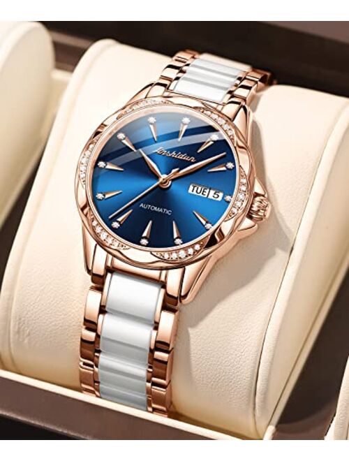 OLEVS Women's Automatic Watches Self Winding Watch for Women Ceramics Stainless Steel Ladies Wrist Watches Mechanical Diamond Rose Gold No Battery Dress Female Watch Wate