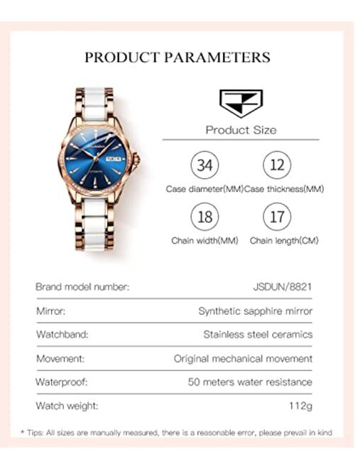 OLEVS Women's Automatic Watches Self Winding Watch for Women Ceramics Stainless Steel Ladies Wrist Watches Mechanical Diamond Rose Gold No Battery Dress Female Watch Wate