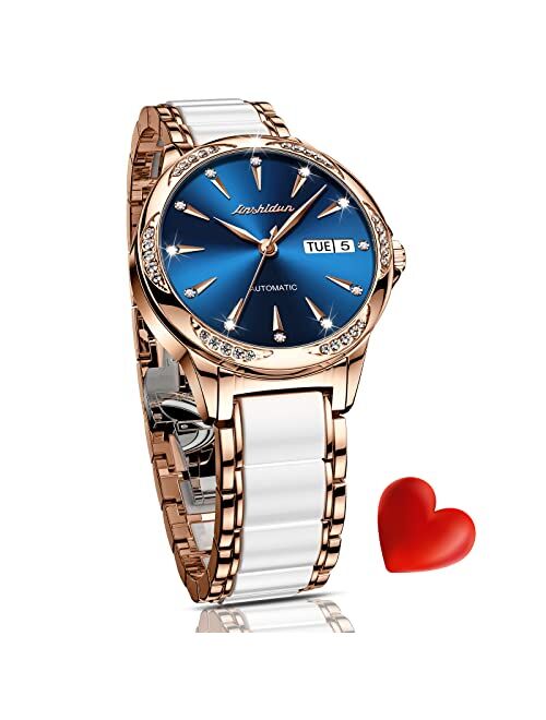 OLEVS Women's Automatic Watches Self Winding Watch for Women Ceramics Stainless Steel Ladies Wrist Watches Mechanical Diamond Rose Gold No Battery Dress Female Watch Wate