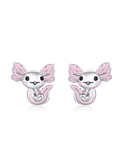 Aututer 925 Sterling Silver Axolotl Earrings White Gold/Rose Gold Axolotl Jewelry for Women Girls Pink/Blue Axolotl Gifts