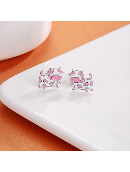 Hongzhuan Jewelry Strawberry Cow Earrings Stud Hypoallergenic 925 Sterling Silver Pink Cow Print Earrings for Women Girls Cute Animal Jewelry Gifts Birthday