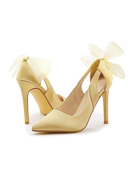 Coutgo Women's Pointed Closed Toe High Heels Bow Knot Satin Cut Out Slip-on Wedding Party Stiletto Pumps Shoes