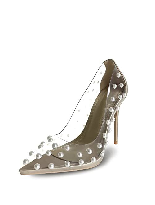 iadore Women's Pumps,11cm Pointed Toe Women High Heel Shoes Fashion Pearl Studded PVC Clear Heels Party Dress Pump Shoes