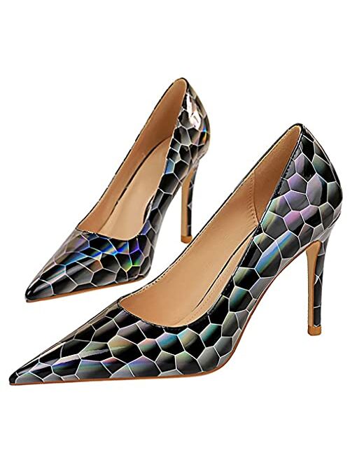 SAILING LU Women's Dress Shoes Shiny Pumps Stiletto Fashion Party High Heels Pointed Toe Metallic Club Shoes