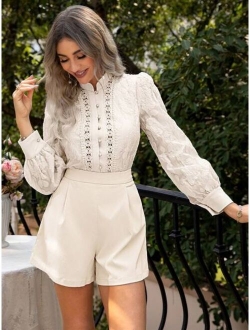 Simplee Lace Trim Button Front Blouse & Shorts Set