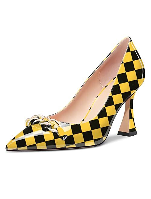 Castamere Women High Heel Chunky Block Pointed Toe Pumps Slip-on Party Dress 3.3 Inches Heels