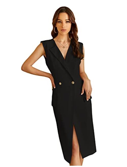 EXTRO&VERT Sleeveless Blazer Dress for Women with Gold Button Business Work Dresses Elegant