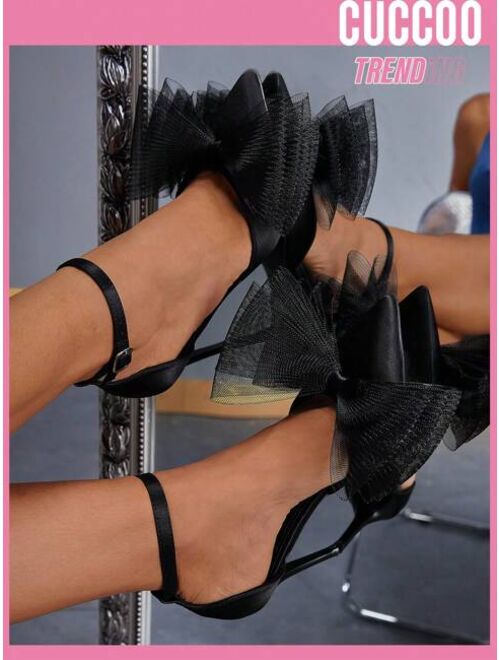 CUCCOO Trending Bow Decor Point Toe Stiletto Heeled Ankle Strap Satin Pumps