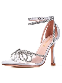 TINSTREE Women's Rhinestone Ankle Strap Heeled Sandals Pointy Toe Stilettos High Heels Pumps Lace Up Sparkling Wedding Bridal Dress Shoes