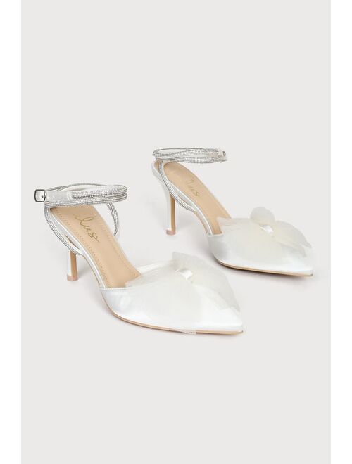 Lulus Lelanee White Satin Rhinestone Bow Ankle Strap Pumps