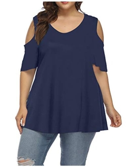 ALLEGRACE Women's Plus Size Summer Cold Shoulder Tunic Top Short Sleeve Tunics V Neck T Shirts