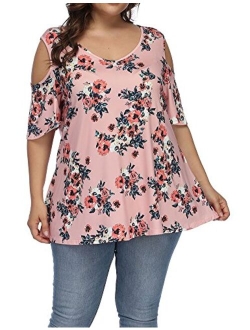 ALLEGRACE Women's Plus Size Summer Cold Shoulder Tunic Top Short Sleeve Tunics V Neck T Shirts