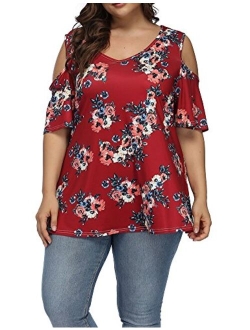 ALLEGRACE Women's Plus Size Summer Cold Shoulder Tunic Top Short Sleeve Tunics V Neck T Shirts