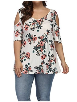 ALLEGRACE Women's Plus Size Summer Cold Shoulder Tunic Top Short Sleeve Tunics V Neck T Shirts