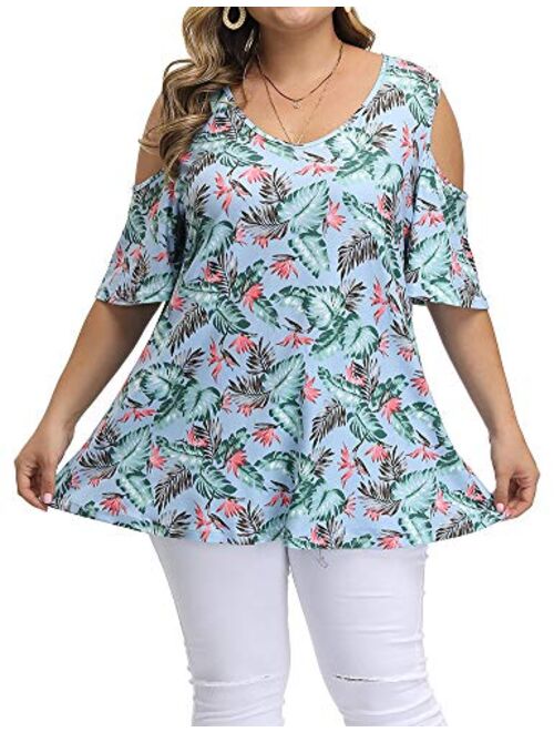 ALLEGRACE Women's Plus Size Summer Cold Shoulder Tunic Top Short Sleeve Tunics V Neck T Shirts